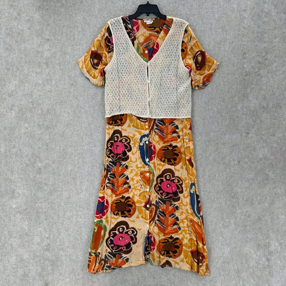VTG TIP TOP Abstract Floral Print Midi Dress Art To Wear Artsy Crochet Vest‎ M